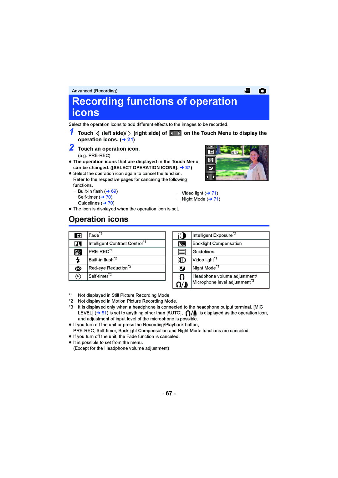 Panasonic HC-W850, HC-V750 owner manual Recording functions of operation icons, Operation icons, Pre-Rec 