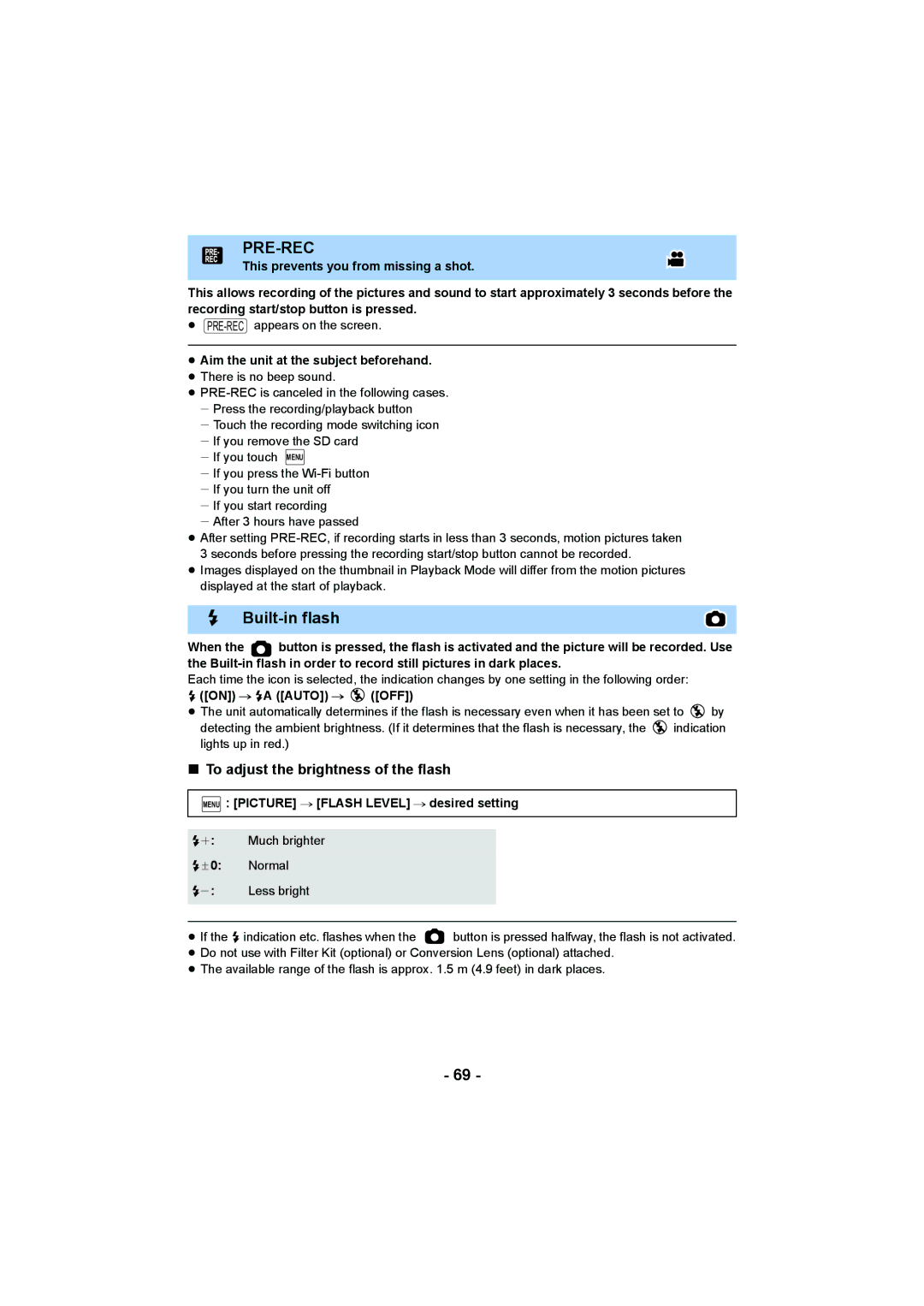 Panasonic HC-W850, HC-V750 owner manual Pre-Rec, Built-in flash, To adjust the brightness of the flash 