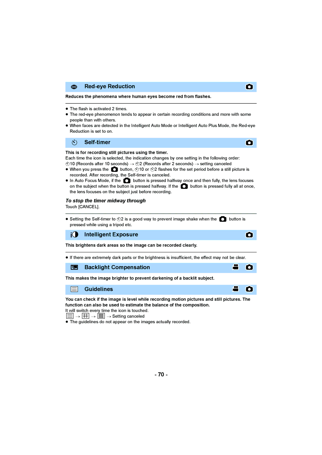 Panasonic HC-V750, HC-W850 Red-eye Reduction, Self-timer, Intelligent Exposure, Backlight Compensation, Guidelines 