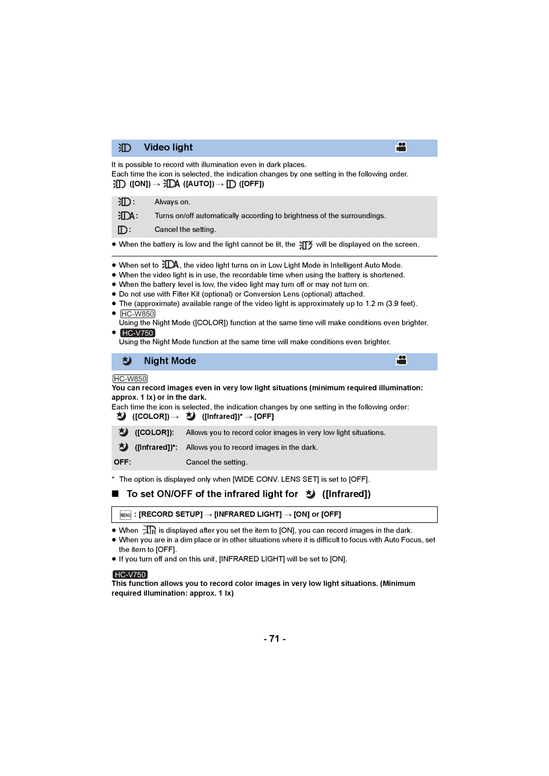 Panasonic HC-W850, HC-V750 owner manual Video light, Night Mode, To set ON/OFF of the infrared light for Infrared, Off 