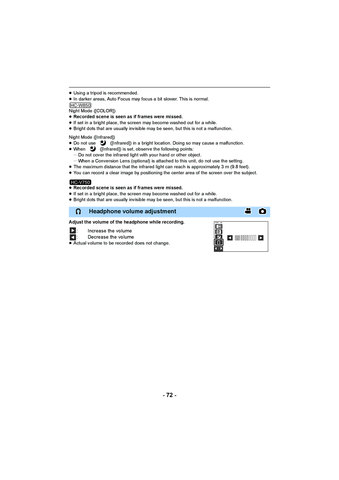 Panasonic HC-V750, HC-W850 owner manual Headphone volume adjustment, ≥ Recorded scene is seen as if frames were missed 