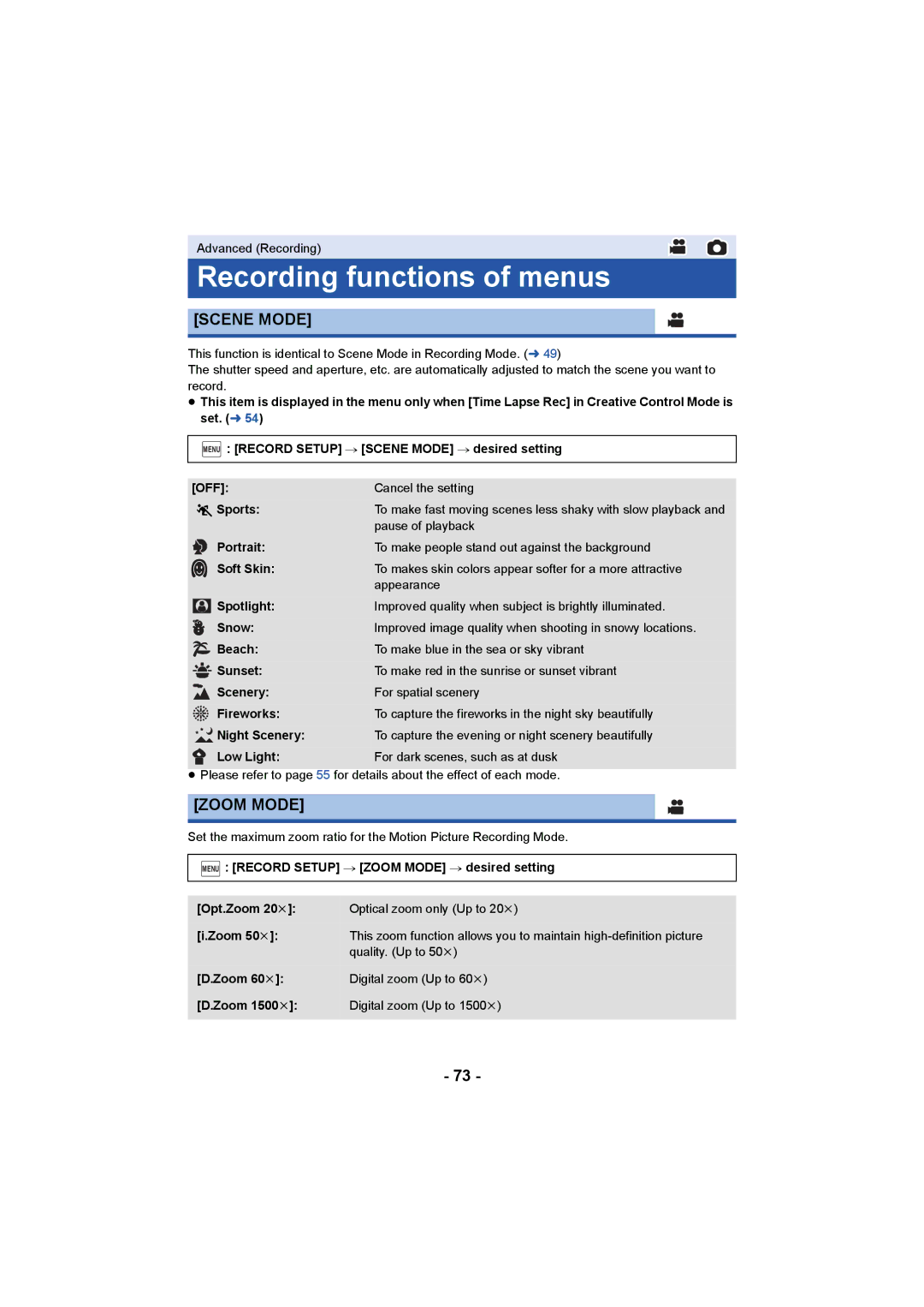 Panasonic HC-W850, HC-V750 owner manual Recording functions of menus, Scene Mode, Zoom Mode 