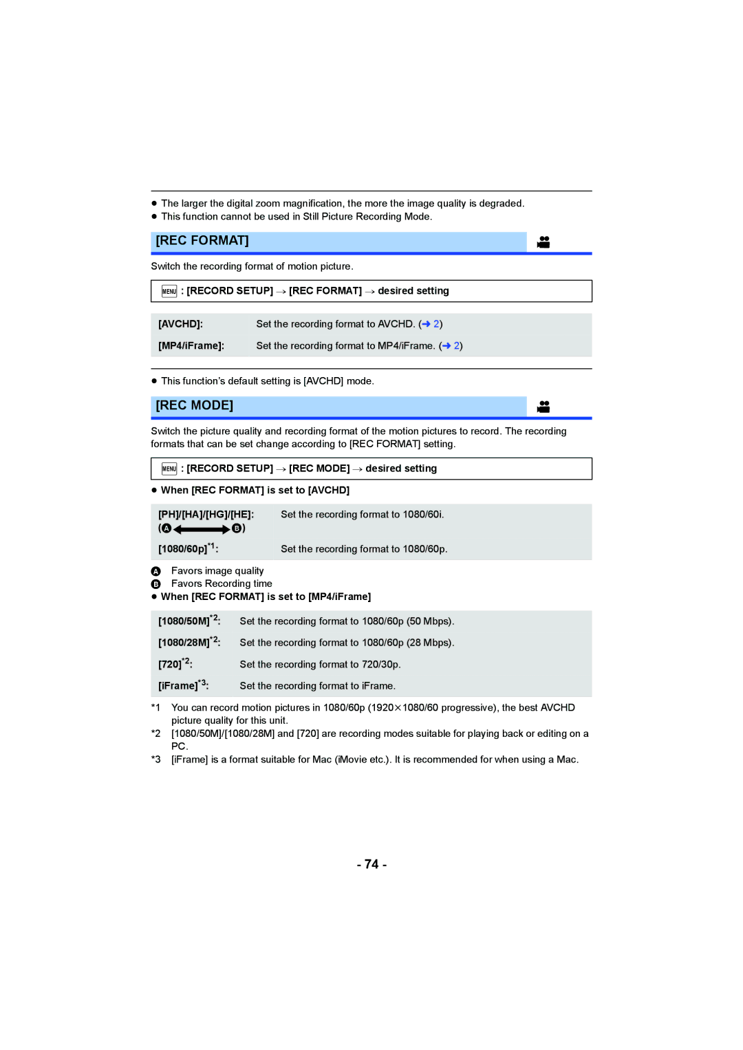 Panasonic HC-V750 REC Mode, Menu Record Setup # REC Format # desired setting, ≥ When REC Format is set to MP4/iFrame 