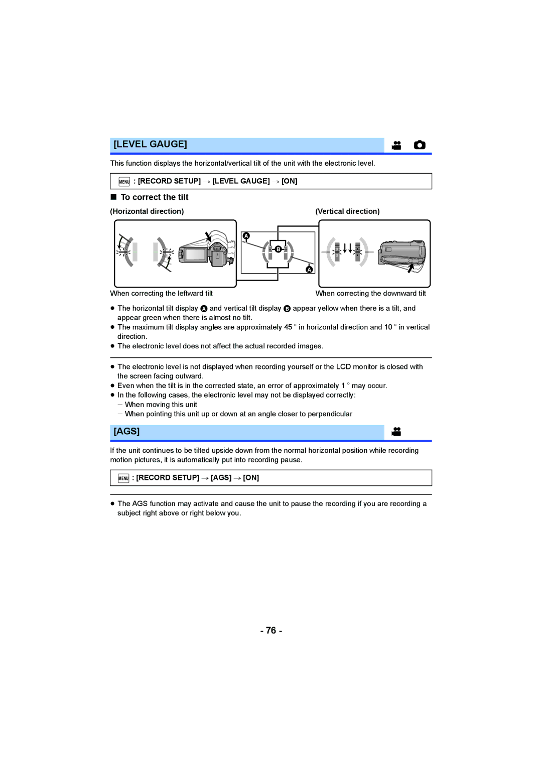 Panasonic HC-V750 Ags, To correct the tilt, Menu Record Setup # Level Gauge # on, Menu Record Setup # AGS # on 