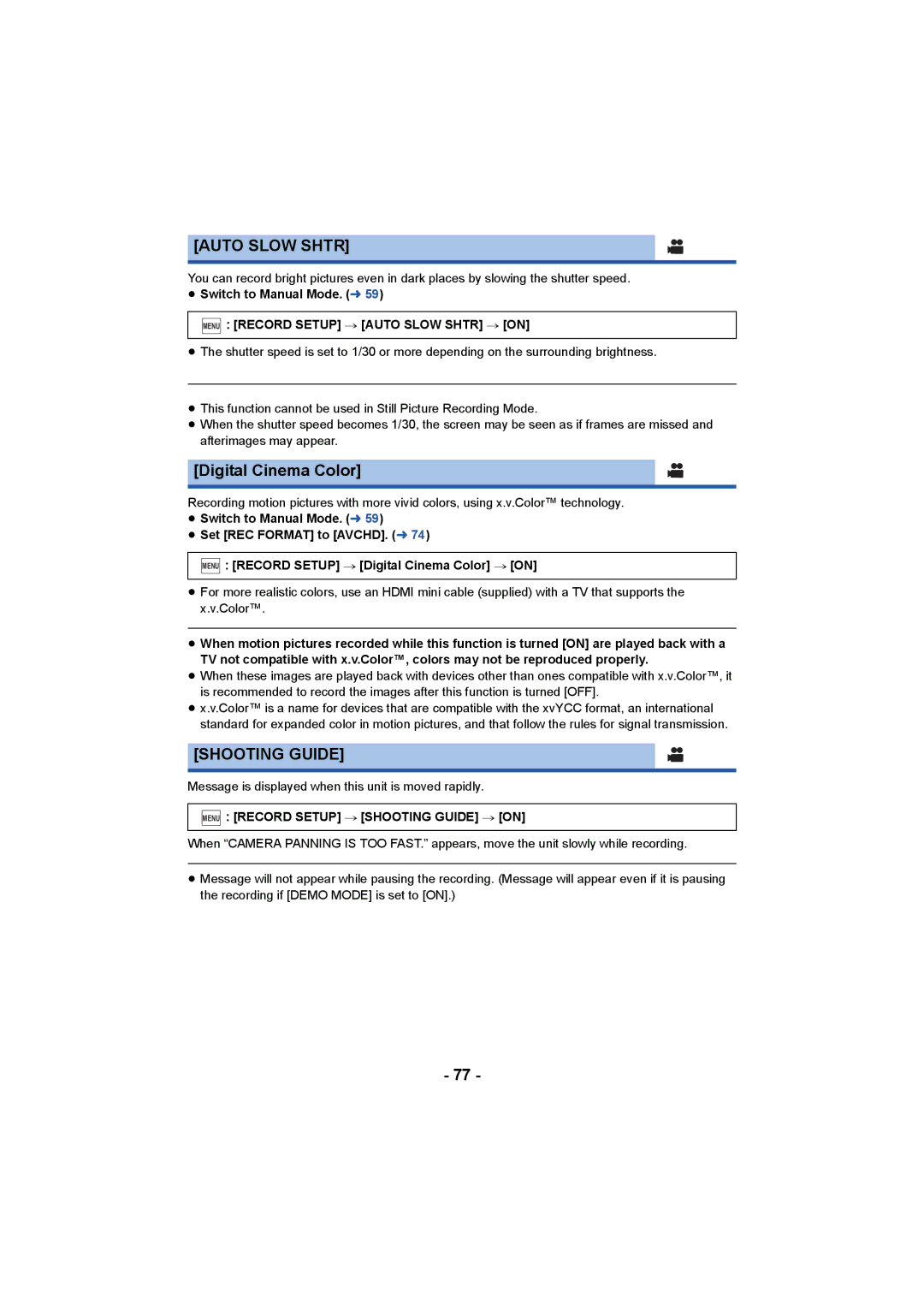 Panasonic HC-W850, HC-V750 owner manual Digital Cinema Color, Shooting Guide, Menu Record Setup # Auto Slow Shtr # on 