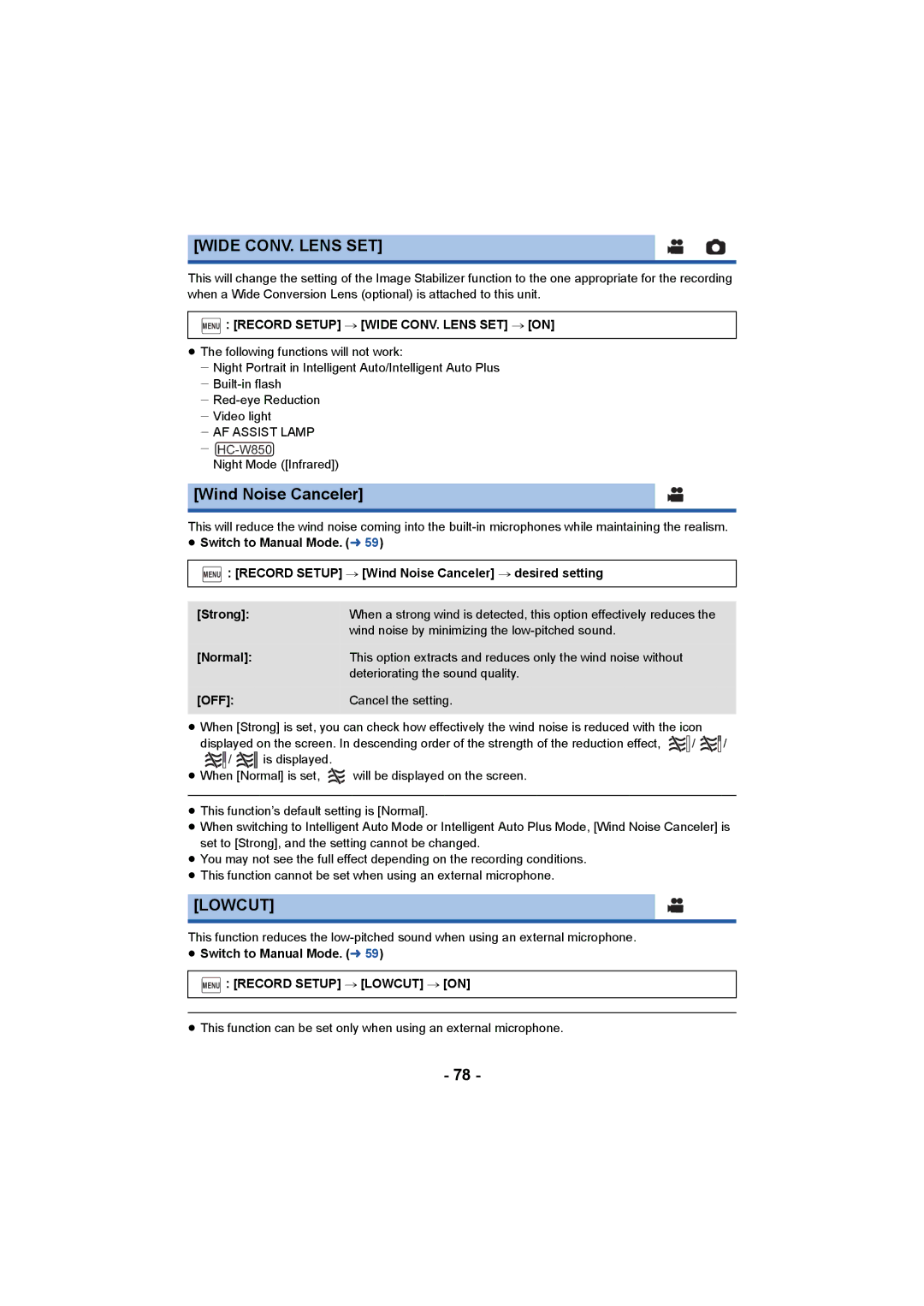 Panasonic HC-V750, HC-W850 owner manual Wind Noise Canceler, Lowcut, Menu Record Setup # Wide CONV. Lens SET # on 