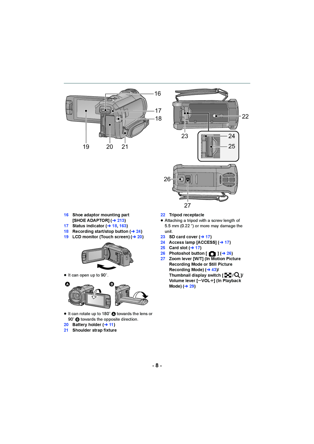 Panasonic HC-V750, HC-W850 owner manual  , Battery holder l Shoulder strap fixture Tripod receptacle 