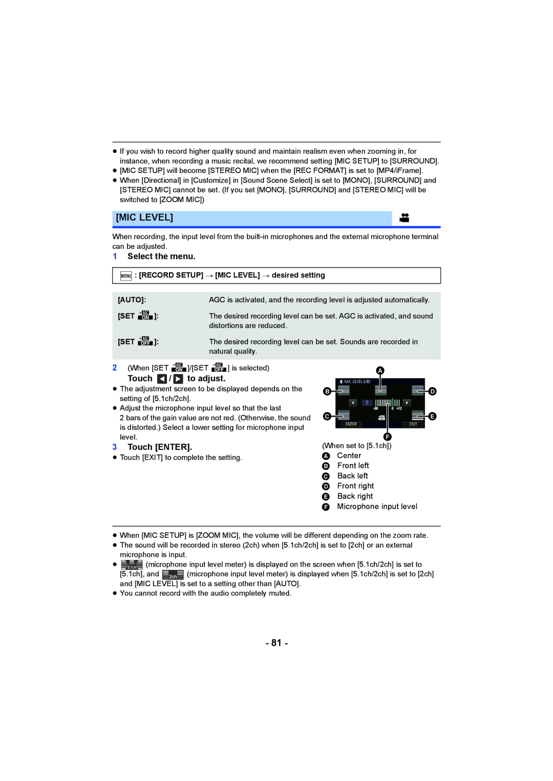 Panasonic HC-W850, HC-V750 owner manual MIC Level, Auto, Set 