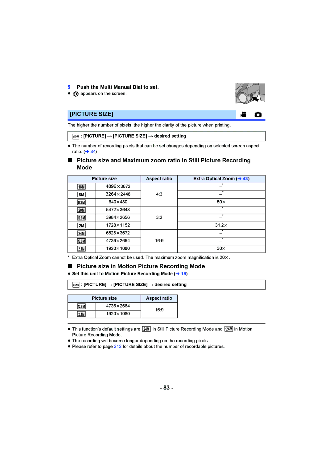 Panasonic HC-W850, HC-V750 owner manual Picture Size, Picture size in Motion Picture Recording Mode 