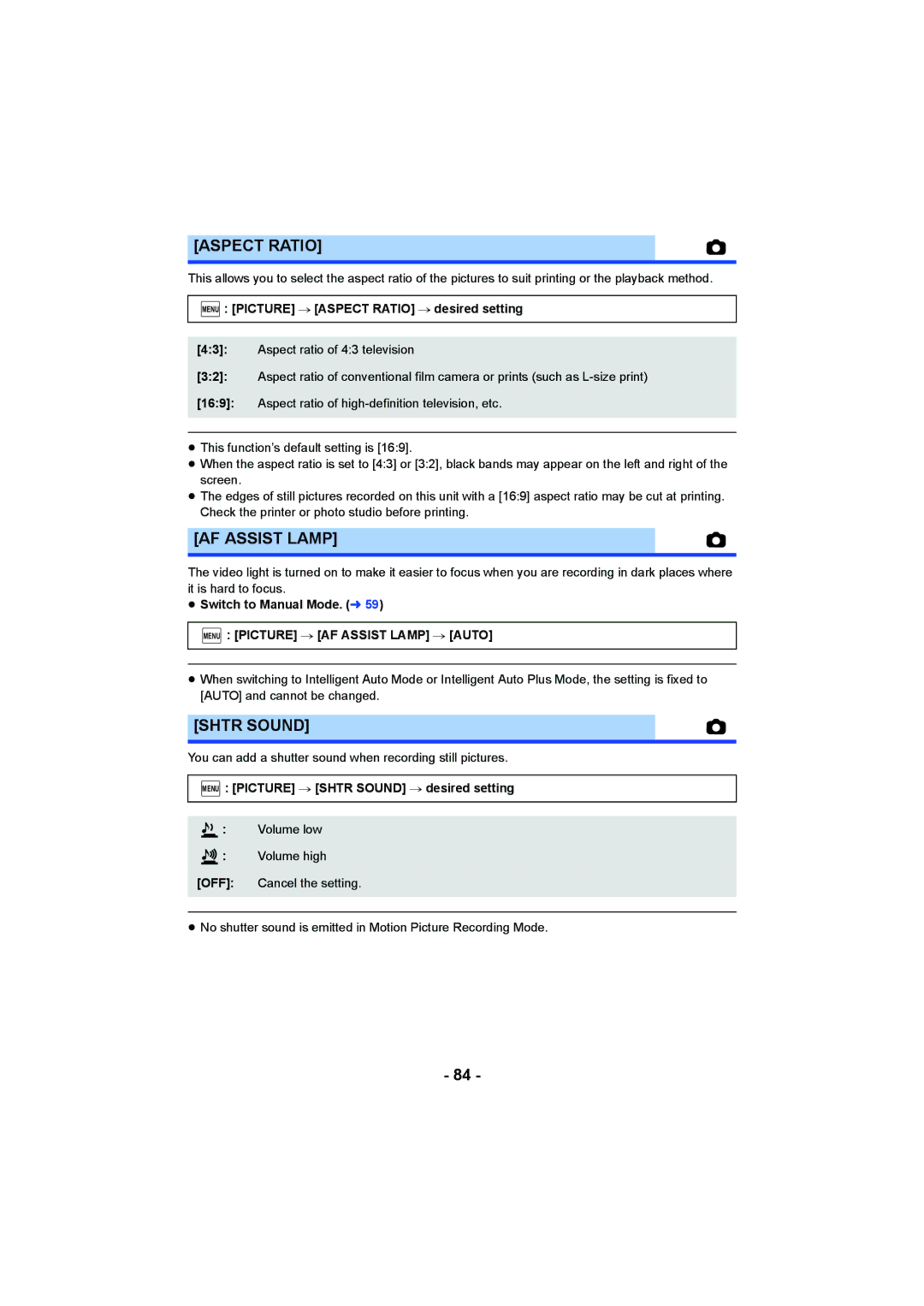 Panasonic HC-V750, HC-W850 owner manual Aspect Ratio, Shtr Sound, Menu Picture # AF Assist Lamp # Auto 