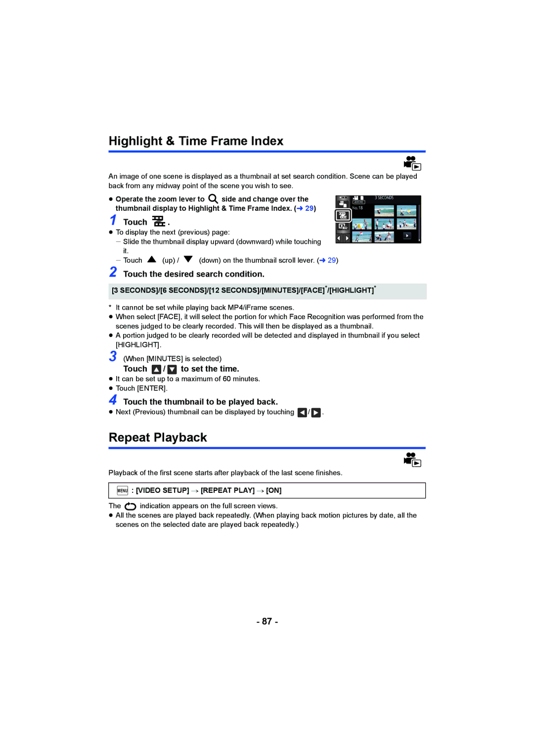 Panasonic HC-W850, HC-V750 owner manual Highlight & Time Frame Index, Repeat Playback, Touch the desired search condition 