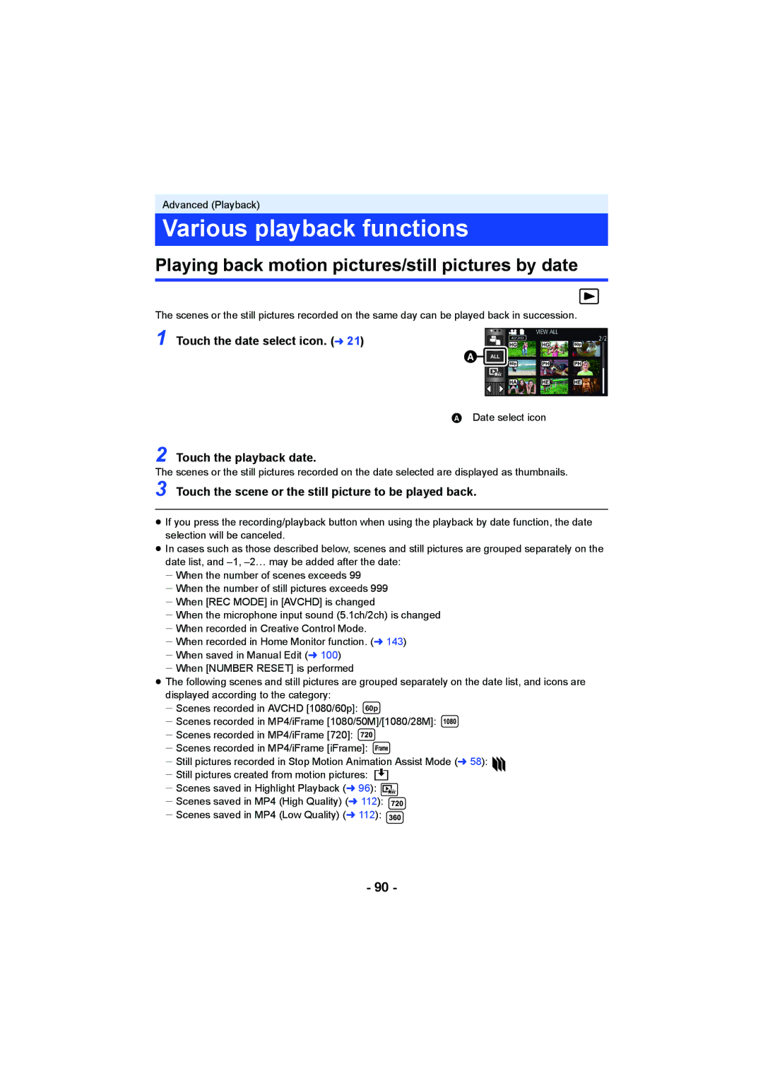 Panasonic HC-V750 Various playback functions, Playing back motion pictures/still pictures by date, Touch the playback date 