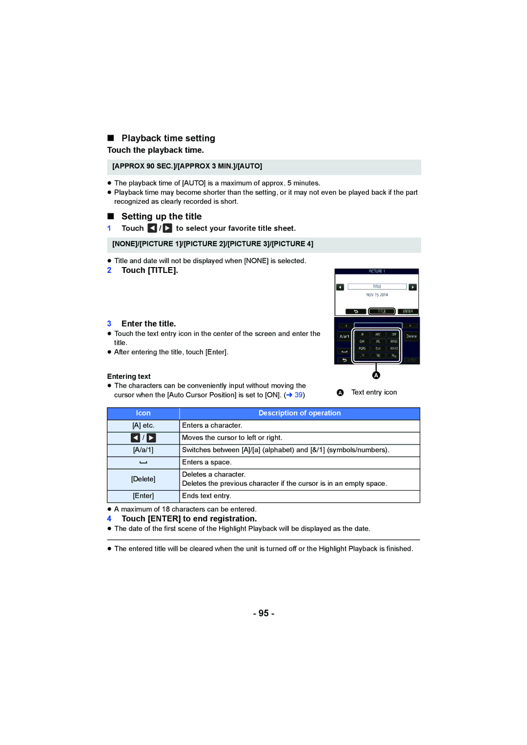 Panasonic HC-W850 Playback time setting, Setting up the title, Touch the playback time, Touch Title Enter the title 