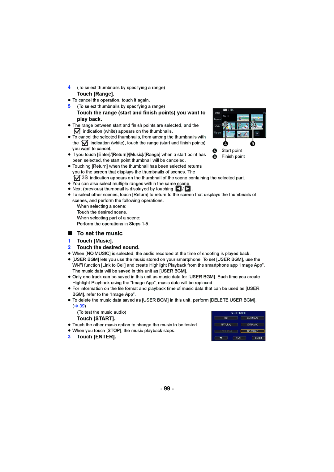 Panasonic HC-W850, HC-V750 owner manual To set the music, Touch Range, Touch Music Touch the desired sound 