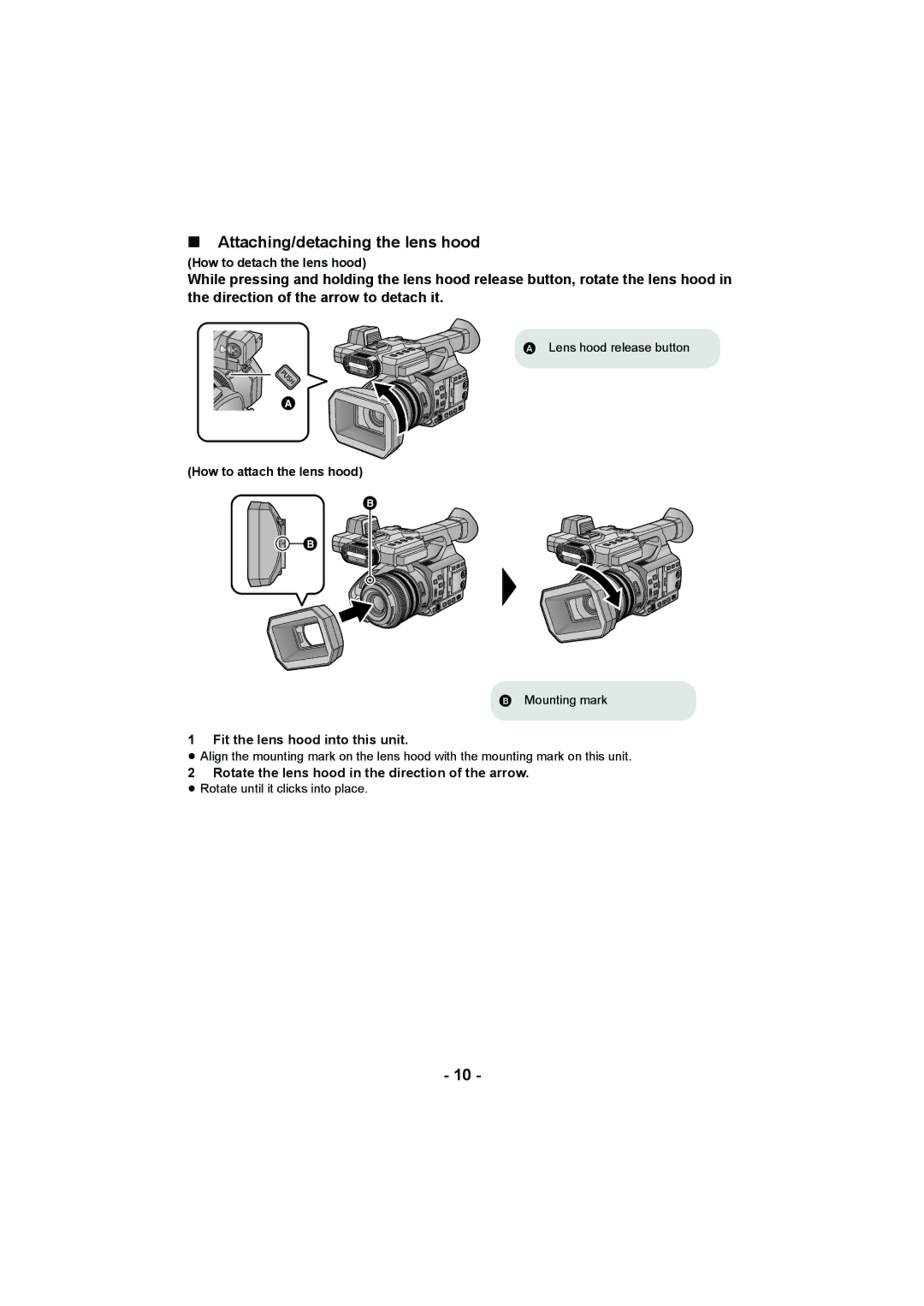 Panasonic HC-X1000 owner manual Attaching/detaching the lens hood, How to detach the lens hood, How to attach the lens hood 