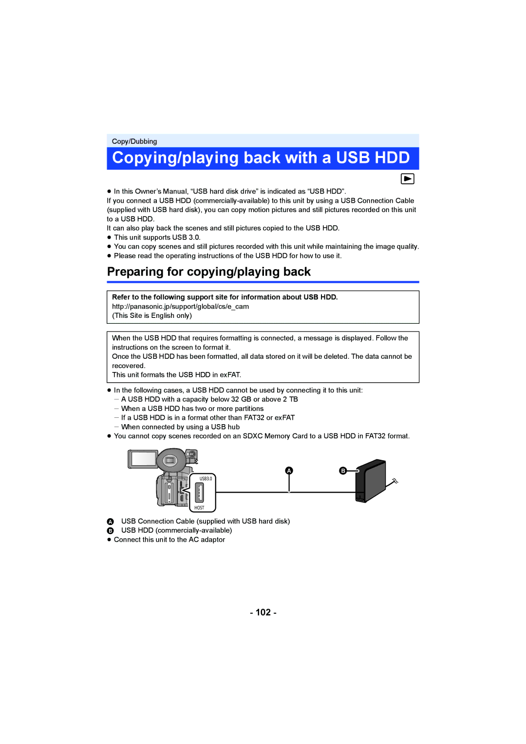 Panasonic HC-X1000 owner manual Copying/playing back with a USB HDD, Preparing for copying/playing back, 102 