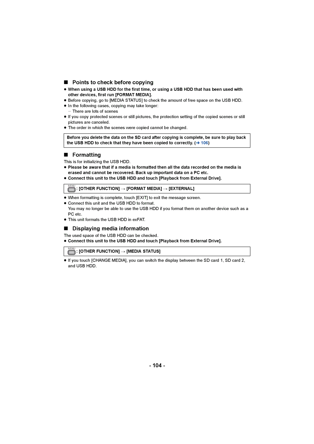 Panasonic HC-X1000 owner manual Points to check before copying, Formatting, Displaying media information, 104 