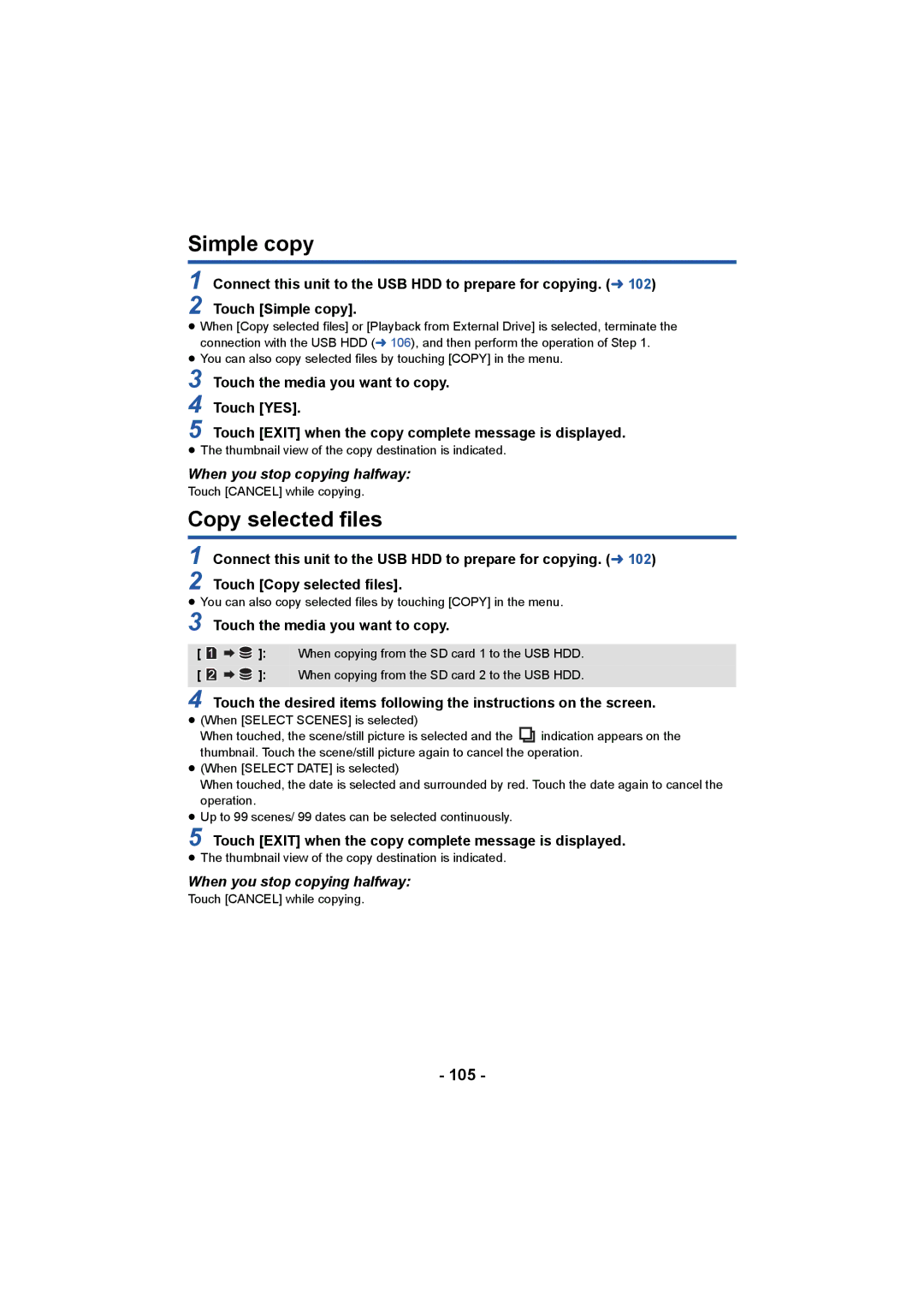 Panasonic HC-X1000 owner manual Simple copy, Copy selected files, 105, When you stop copying halfway 