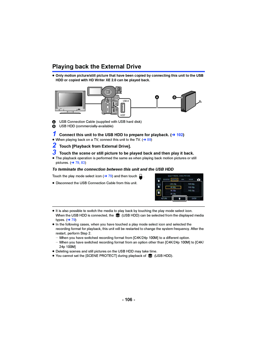 Panasonic HC-X1000 Playing back the External Drive, 106, Connect this unit to the USB HDD to prepare for playback. l 