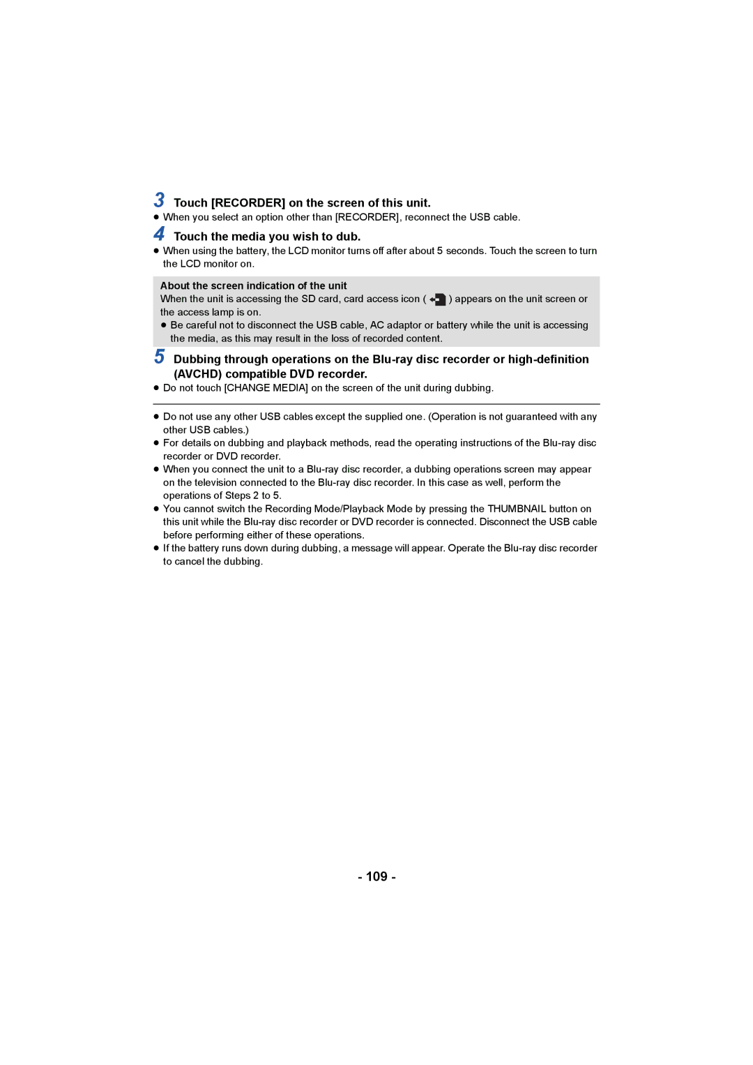 Panasonic HC-X1000 owner manual 109, Touch Recorder on the screen of this unit, Touch the media you wish to dub 