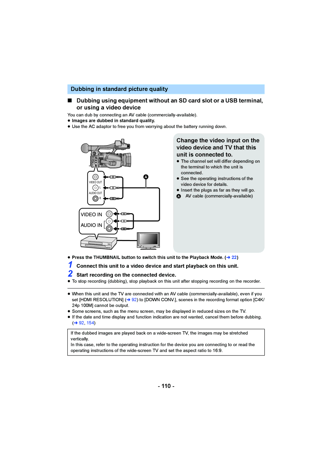 Panasonic HC-X1000 owner manual 110, ≥ Images are dubbed in standard quality 