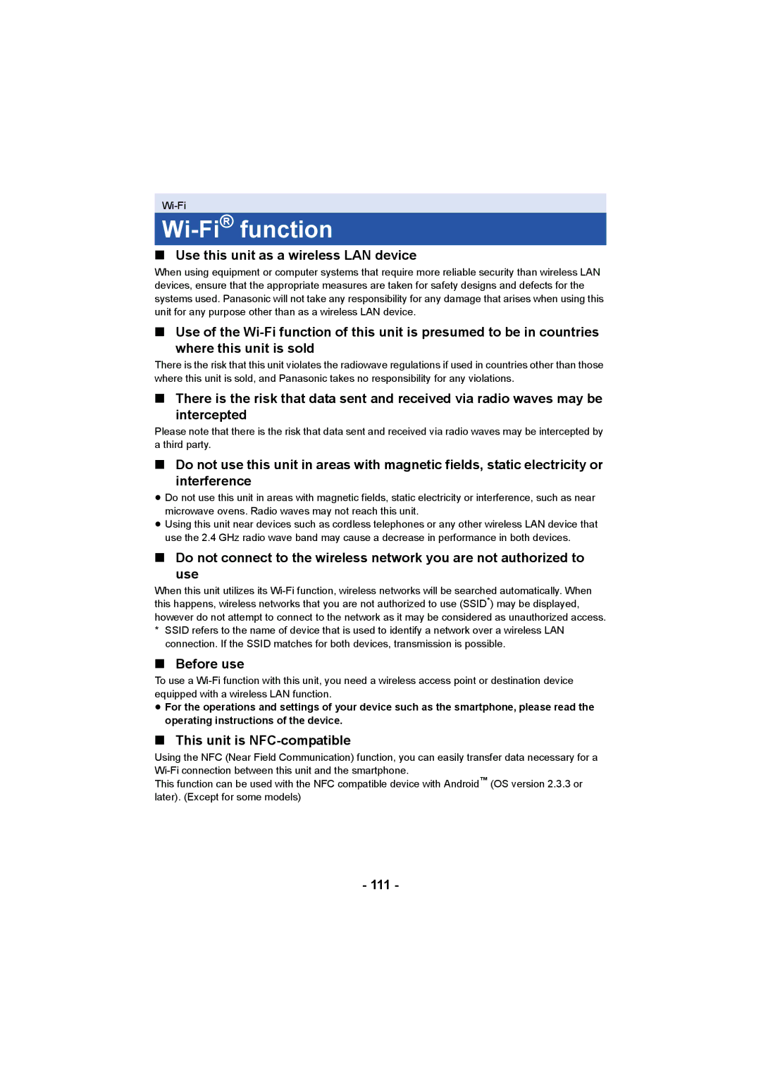 Panasonic HC-X1000 Wi-Fifunction, Use this unit as a wireless LAN device, Before use, This unit is NFC-compatible, 111 