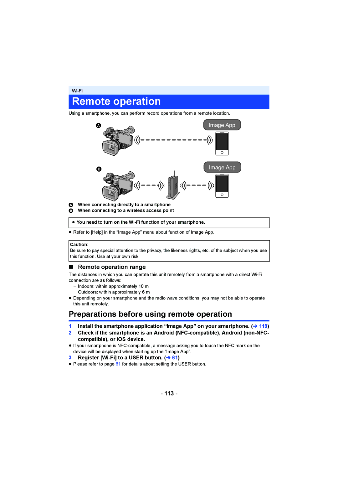 Panasonic HC-X1000 owner manual Preparations before using remote operation, Remote operation range, 113 