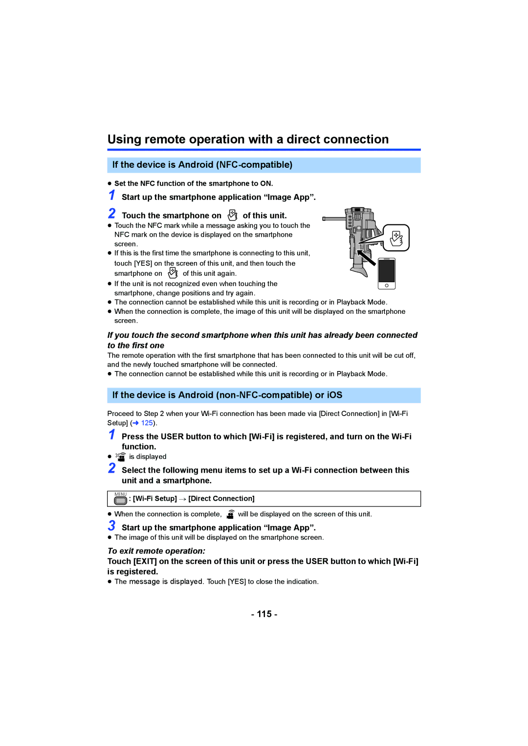 Panasonic HC-X1000 Using remote operation with a direct connection, 115, Start up the smartphone application Image App 