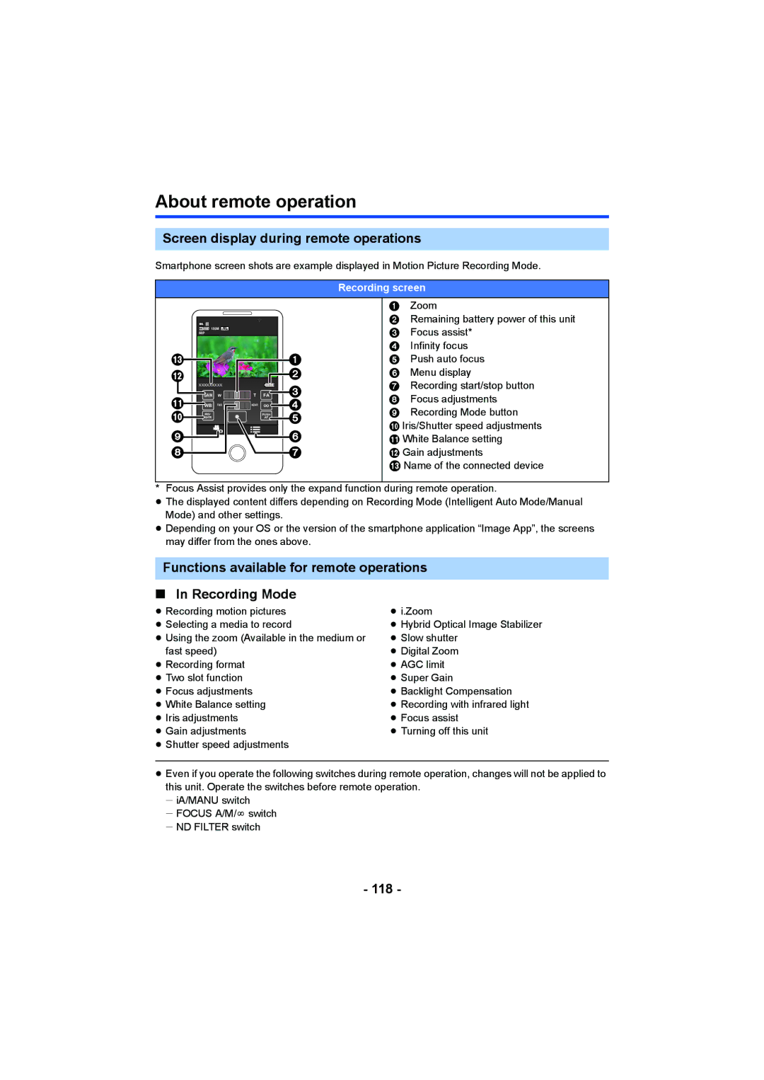 Panasonic HC-X1000 owner manual About remote operation, Screen display during remote operations, 118, Recording screen 