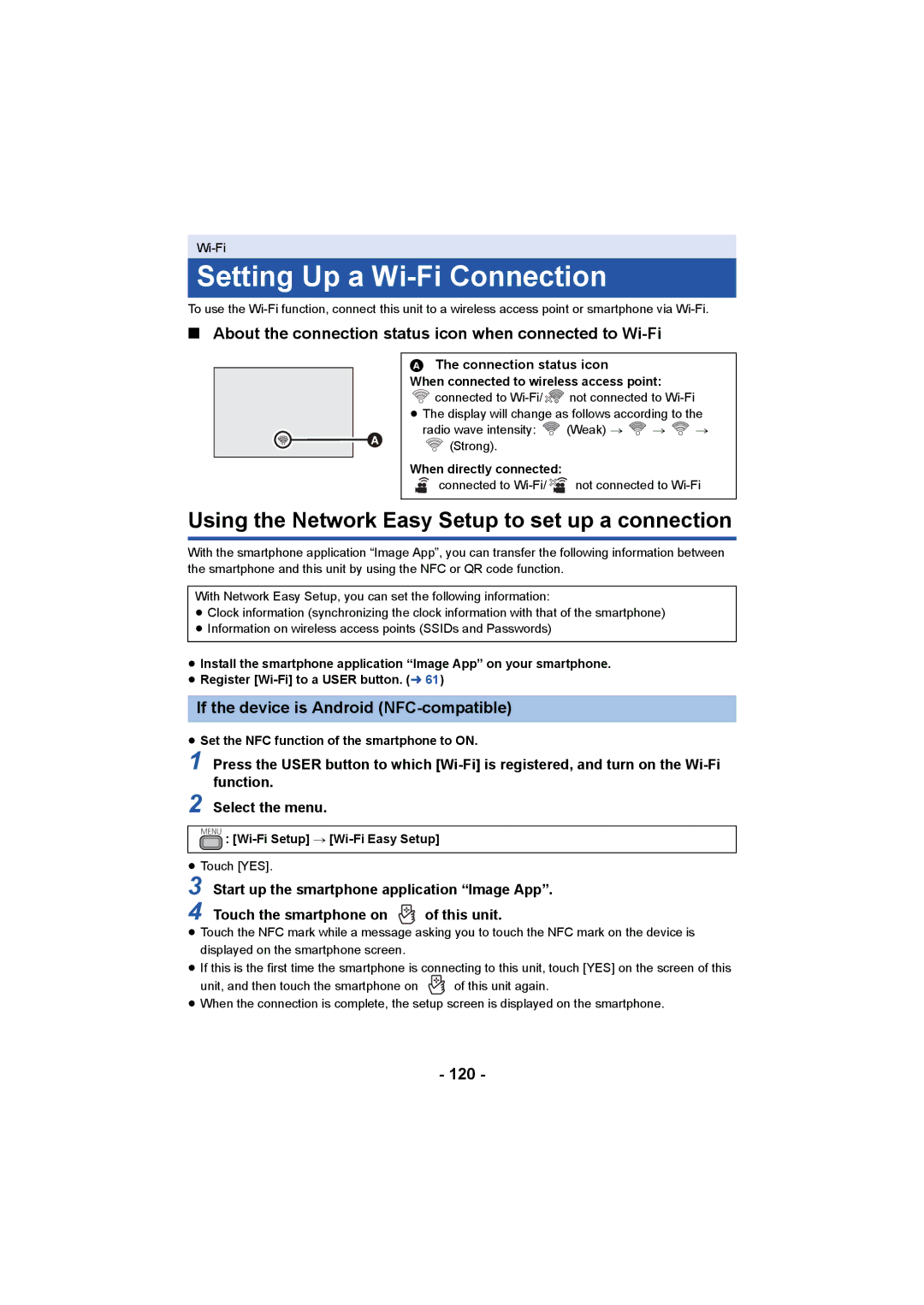 Panasonic HC-X1000 owner manual Setting Up a Wi-Fi Connection, Using the Network Easy Setup to set up a connection, 120 