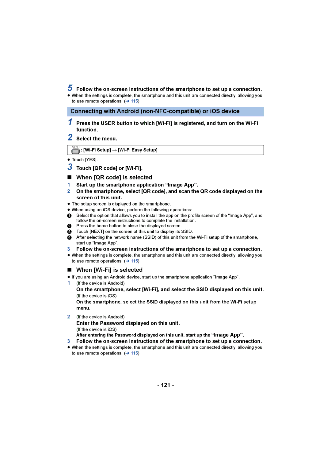 Panasonic HC-X1000 owner manual Connecting with Android non-NFC-compatible or iOS device, When QR code is selected, 121 