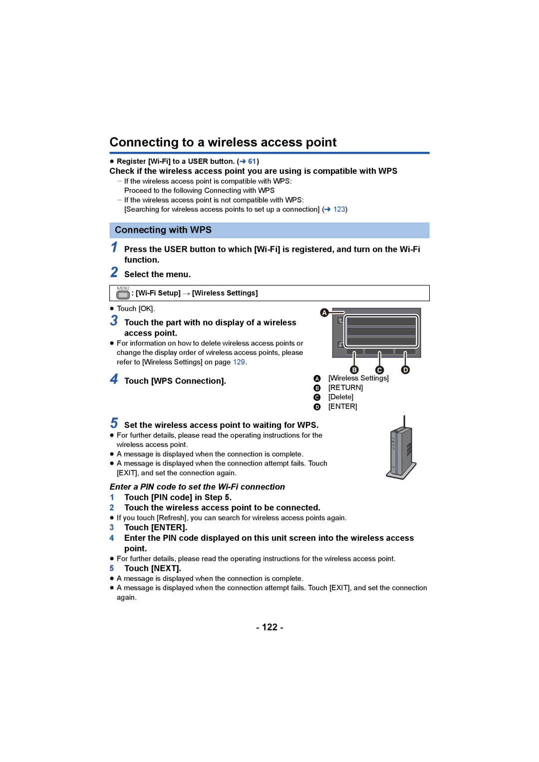 Panasonic HC-X1000 owner manual Connecting to a wireless access point, Connecting with WPS, 122 