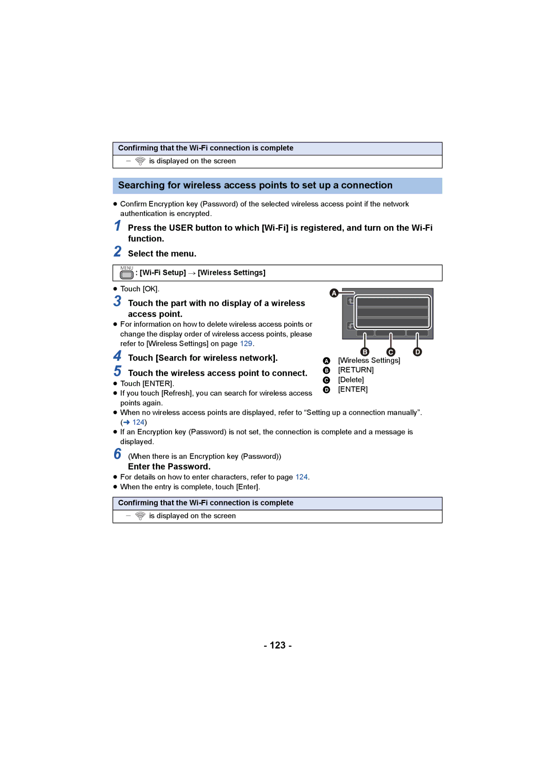 Panasonic HC-X1000 owner manual Searching for wireless access points to set up a connection, 123, Enter the Password 