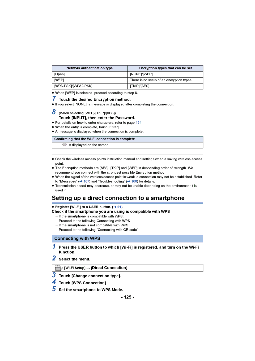 Panasonic HC-X1000 owner manual Setting up a direct connection to a smartphone, 125, Touch the desired Encryption method 