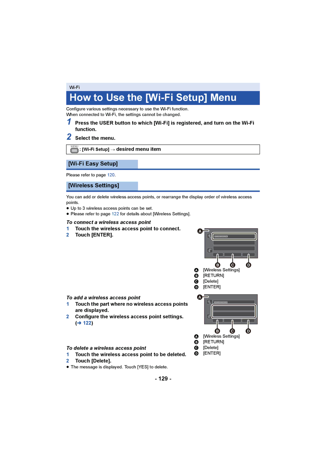 Panasonic HC-X1000 owner manual How to Use the Wi-Fi Setup Menu, Wi-Fi Easy Setup, Wireless Settings, 129 