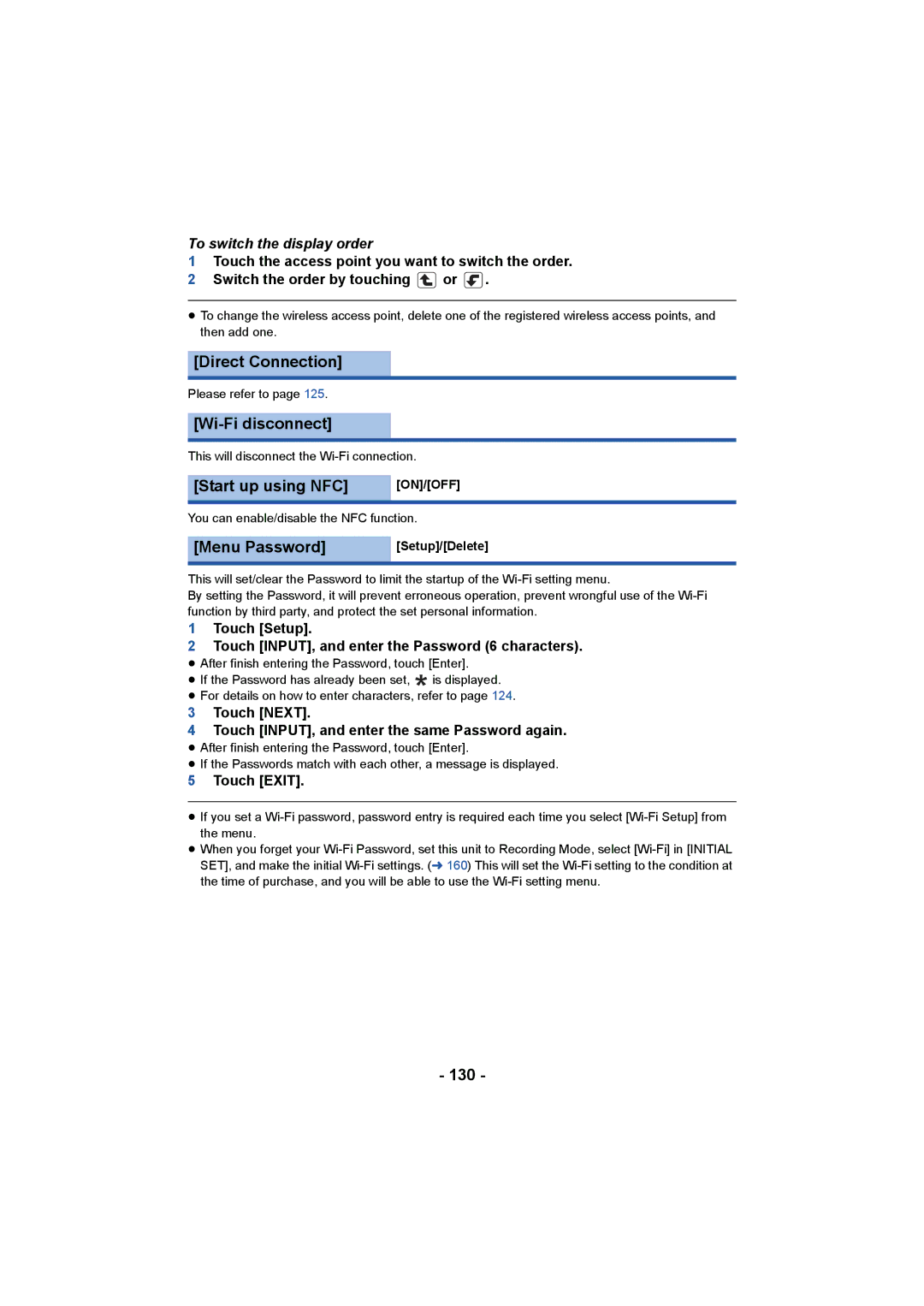 Panasonic HC-X1000 owner manual Direct Connection, Wi-Fi disconnect, Start up using NFC, Menu Password, 130 