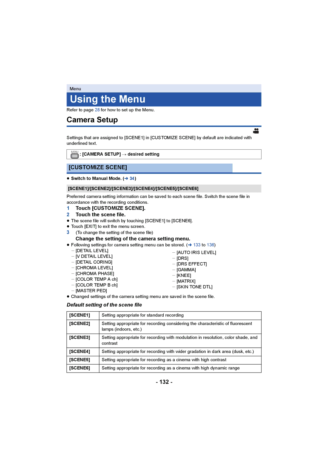 Panasonic HC-X1000 owner manual Using the Menu, Camera Setup, Customize Scene, 132, Default setting of the scene file 