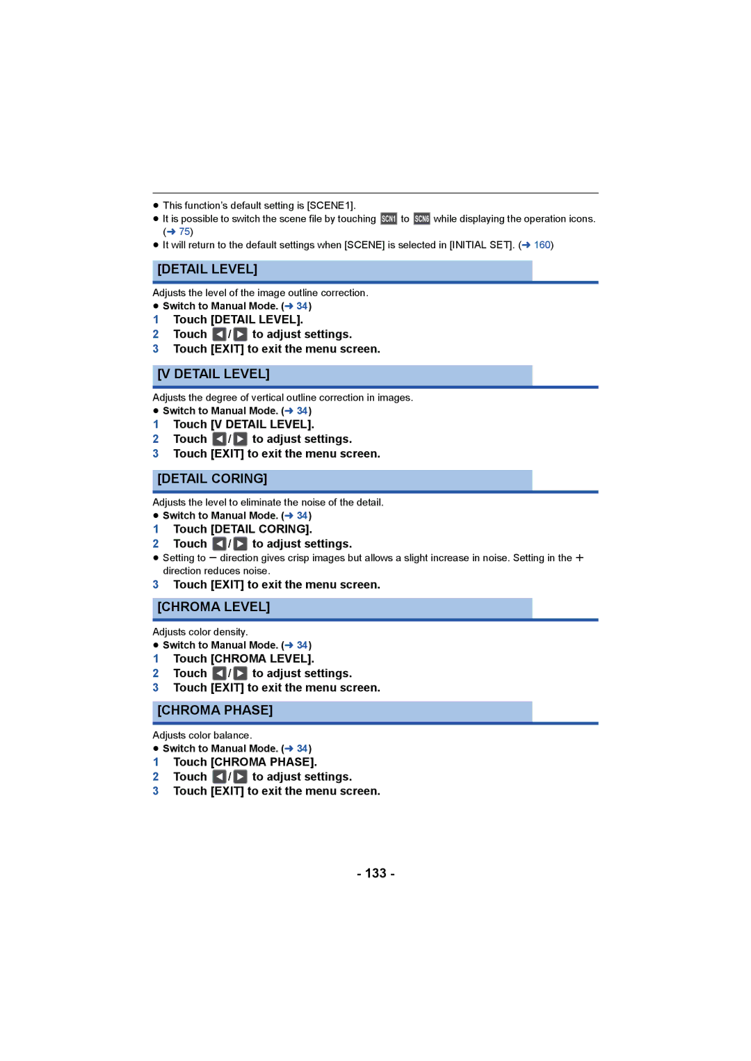 Panasonic HC-X1000 owner manual Detail Level, Detail Coring, Chroma Level, Chroma Phase, 133 