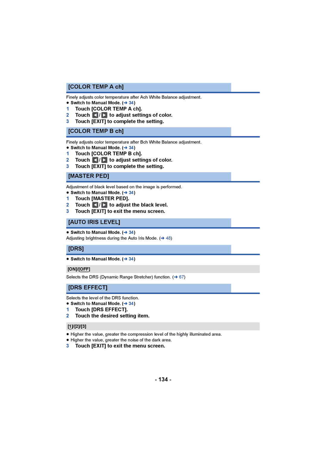 Panasonic HC-X1000 owner manual Master PED, Auto Iris Level, DRS Effect 