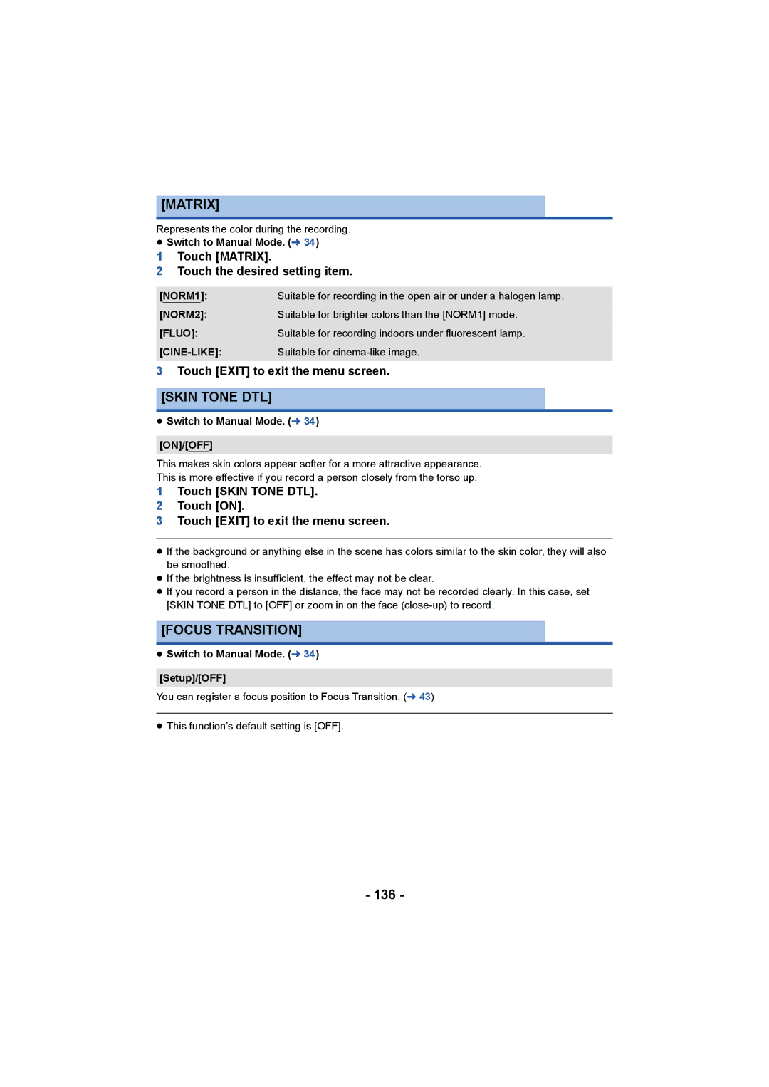 Panasonic HC-X1000 owner manual Skin Tone DTL, Focus Transition, 136, Touch Matrix Touch the desired setting item 