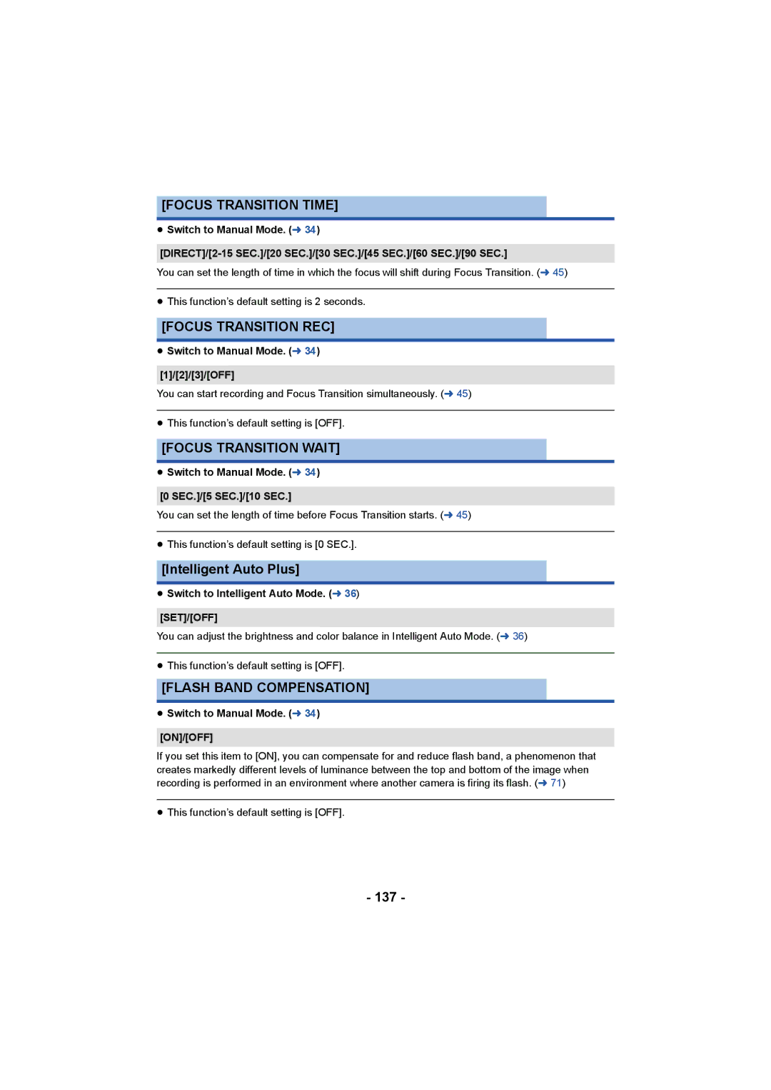 Panasonic HC-X1000 owner manual Focus Transition Time, Focus Transition REC, Focus Transition Wait, Flash Band Compensation 