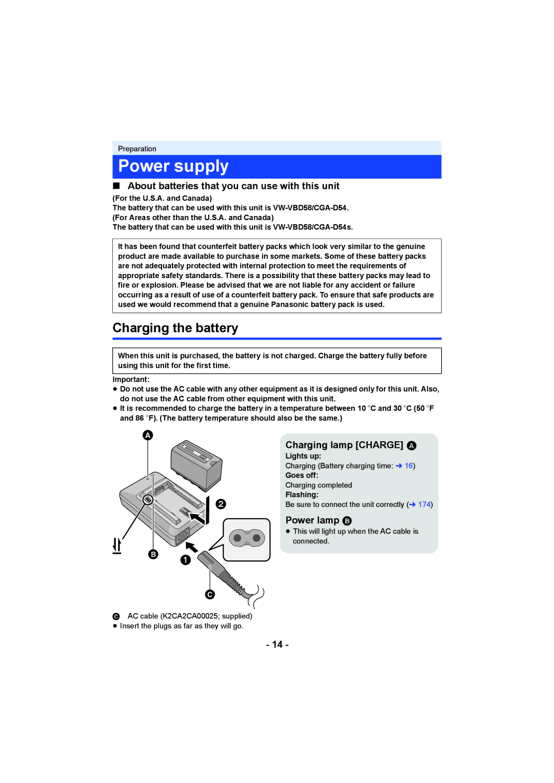 Panasonic HC-X1000 Power supply, Charging the battery, About batteries that you can use with this unit, Power lamp B 