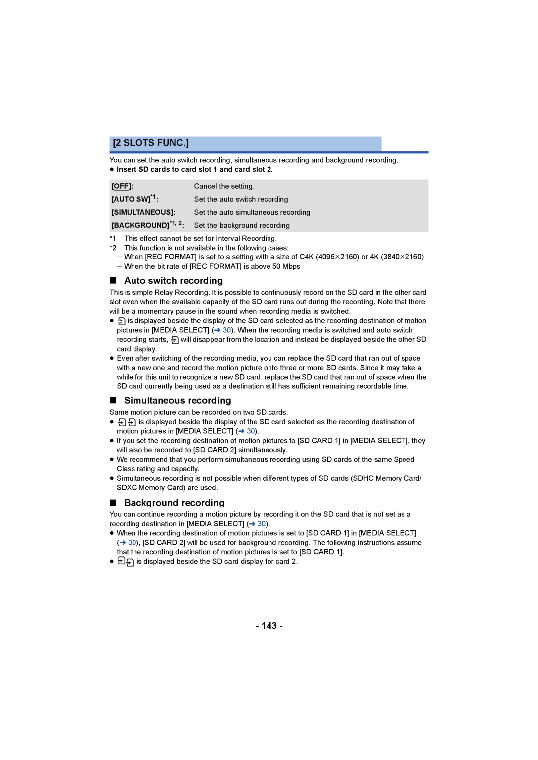 Panasonic HC-X1000 owner manual Slots Func, Auto switch recording, Simultaneous recording, Background recording, 143 