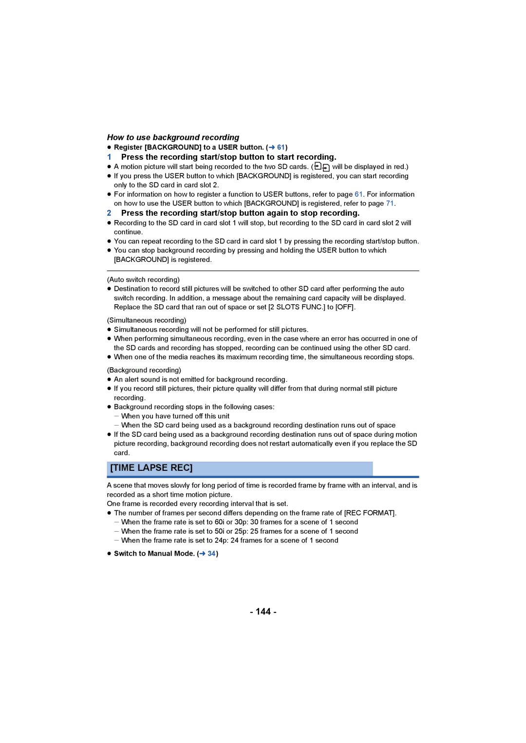 Panasonic HC-X1000 owner manual Time Lapse REC, 144, How to use background recording 