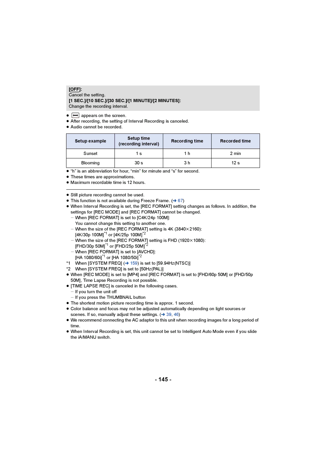 Panasonic HC-X1000 owner manual 145, Setup example Setup time Recording time Recorded time 