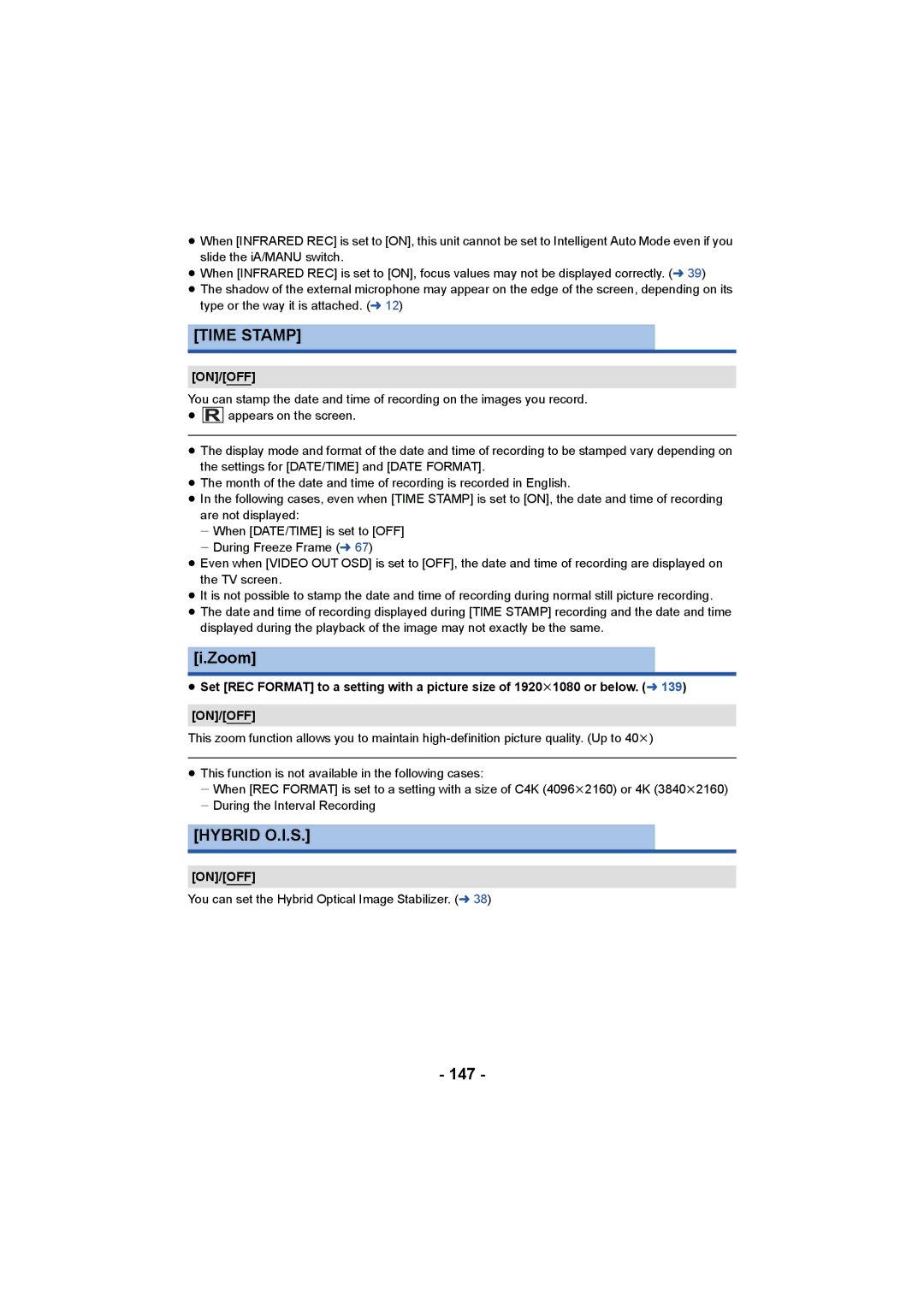 Panasonic HC-X1000 owner manual Time Stamp, Zoom, Hybrid O.I.S, 147 