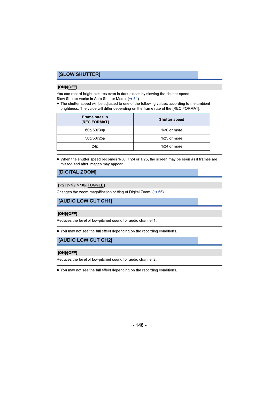 Panasonic HC-X1000 owner manual Slow Shutter, Digital Zoom, Audio LOW CUT CH1, Audio LOW CUT CH2, 148 