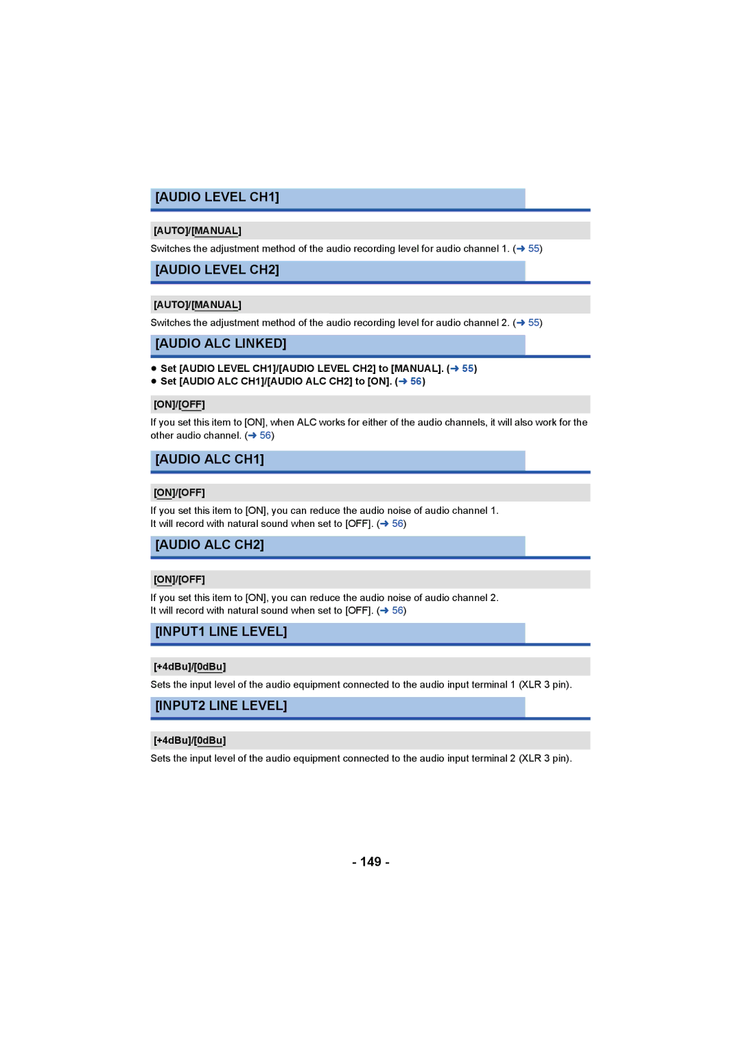 Panasonic HC-X1000 Audio Level CH1, Audio Level CH2, Audio ALC Linked, Audio ALC CH1, Audio ALC CH2, INPUT1 Line Level 