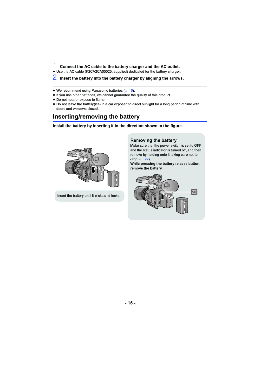 Panasonic HC-X1000 owner manual Inserting/removing the battery, Removing the battery 