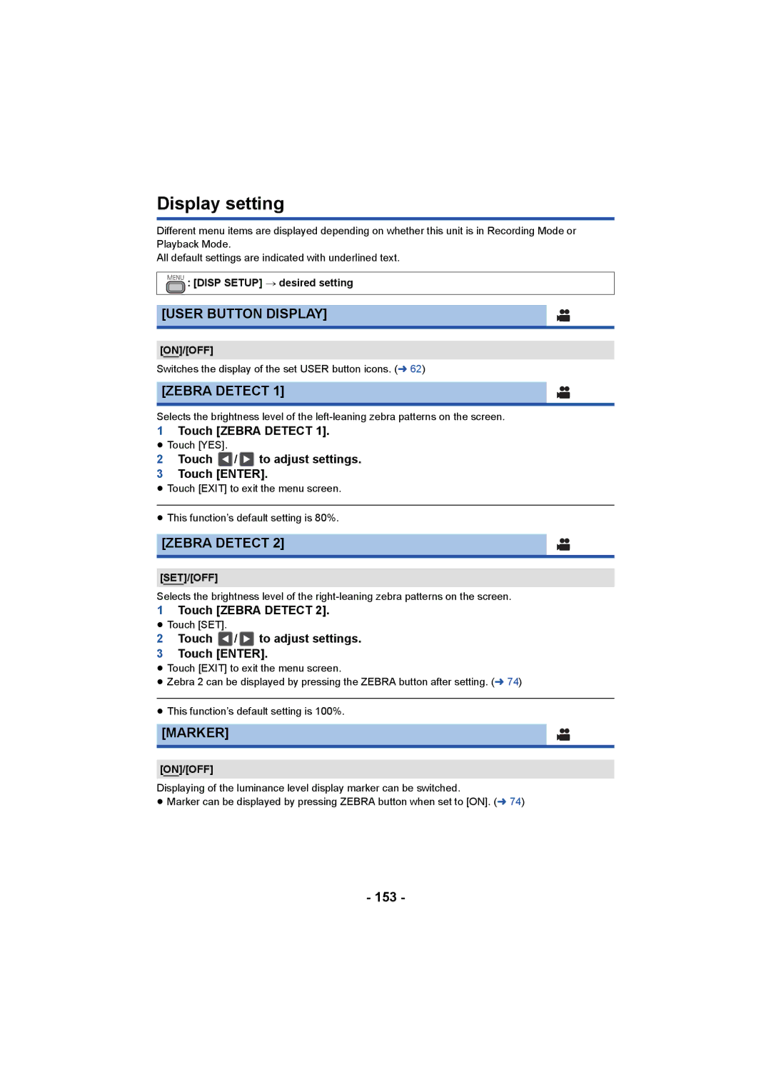 Panasonic HC-X1000 owner manual Display setting, User Button Display, Zebra Detect, Marker, 153 